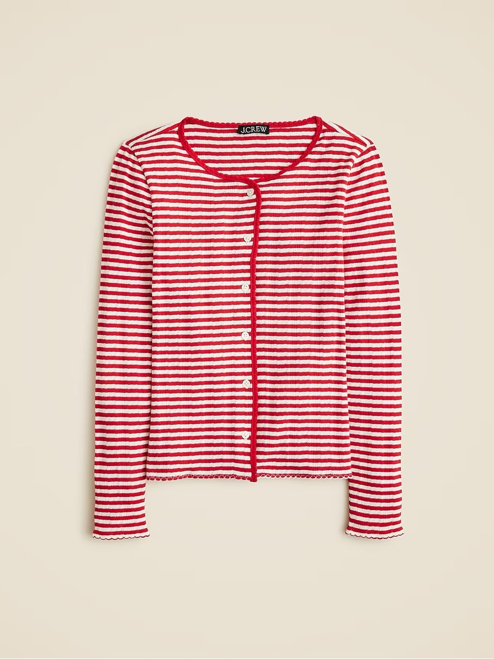 J CREW XS Pointelle crewneck knit cardigan red white stripe